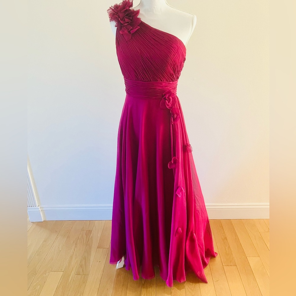 Mac Duggal Dress Gown Sz 6 Pleat Asymmetric One Shoulder Floral  Fuchsia Magenta
